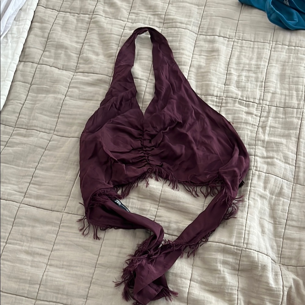 Zara Burgundy Fringe Halter Top